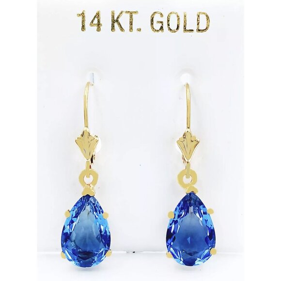 Created 6.54 Cts Blue Tourmaline Dangling Earrings 14k Gold